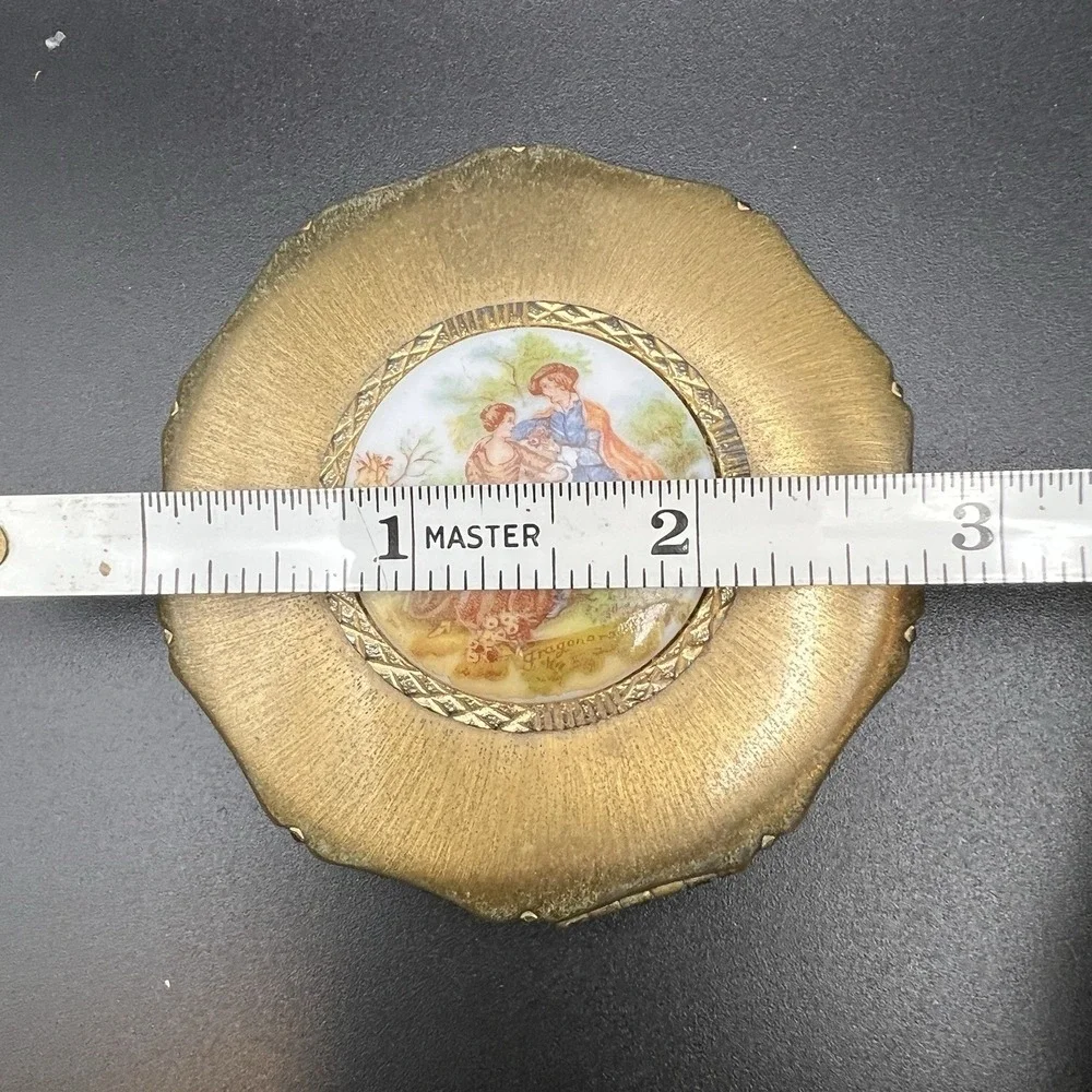 Vintage Gold Tone Compact Ceramic Courting Couple Plate Signed Fragonard